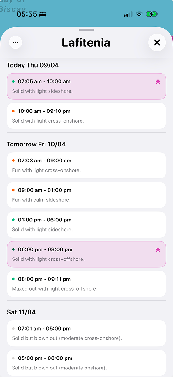 Surfnerd app timeline showing surf windows from swell, wind, tide, and wave energy